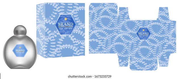 Diseño de embalajes, Etiqueta en perfume o contenedor cosmético con plantilla de caja azul de lujo y caja de maquillaje, vector de ilustración.	
