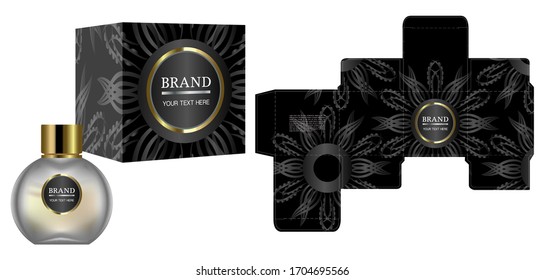 Packaging design, Label on perfume or cosmetic container with black luxury box template and mockup box, illustration vector.	