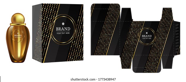 Packaging design, Label on perfume or cosmetic container with black luxury box template and mockup box, illustration vector.	

