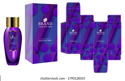 Packaging design, Label on perfume or cosmetic container with purple luxury box template and mockup box, illustration vector.
