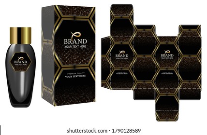 Packaging design, Label on perfume or cosmetic container with black and gold luxury box template and mockup box, illustration vector.