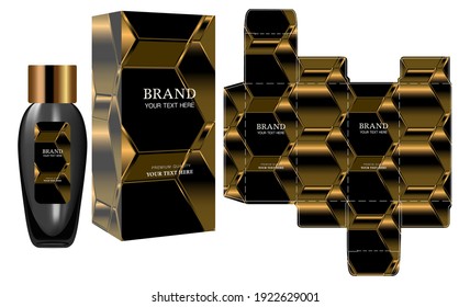 Packaging design, Label on perfume or cosmetic container with black and gold luxury box template and mockup box, illustration vector.	