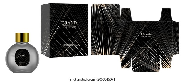 Packaging design, Label on perfume or cosmetic container with black luxury box template and mockup box, illustration vector.	

