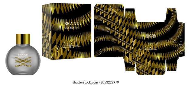 Packaging design, Label on perfume or cosmetic container with black luxury box template and mockup box, illustration vector.	

