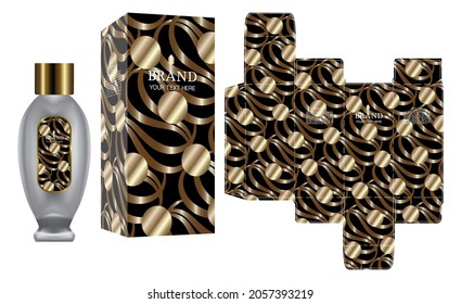 Verpackungsdesign, Etikette auf Parfüm oder Kosmetikbehälter mit Luxus-Box-Vorlage und Mock-up Box, Vektorgrafik.	