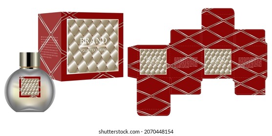 Packaging design, Label on perfume or cosmetic container with red luxury box template and mockup box, illustration vector.