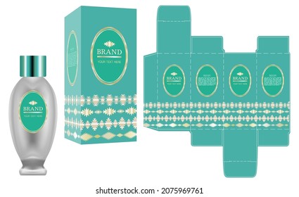 Packaging design, Label on perfume or cosmetic container with blue luxury box template and mockup box, illustration vector.	