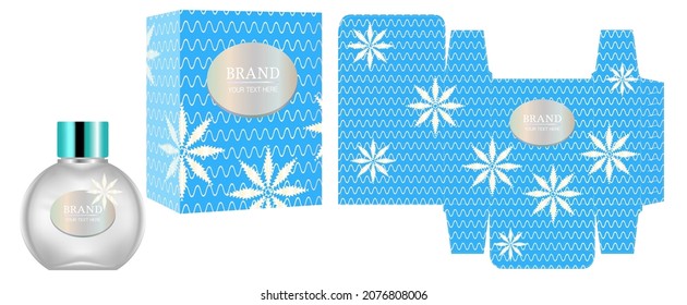 Diseño de embalajes, Etiqueta sobre perfume o contenedor cosmético con plantilla de caja de lujo azul y caja de maquillaje, vector de ilustración.	