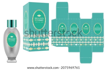 Packaging design, Label on perfume or cosmetic container with blue luxury box template and mockup box, illustration vector.	