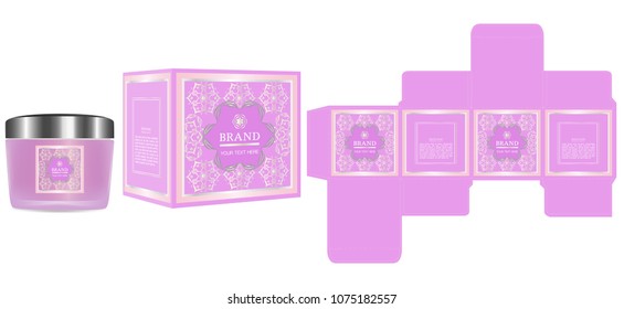Packaging design, Label on pink cosmetic container with luxury box template and mockup box. illustration vector.	