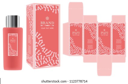 Packaging design, label on pink cosmetic container with luxury box design template and mockup box. Illustration vector.	