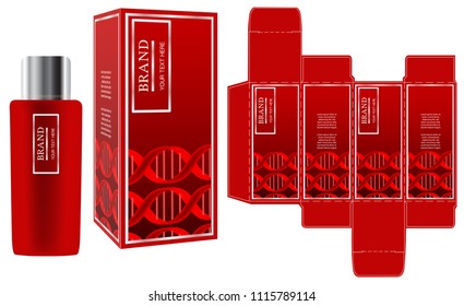 Packaging design, label on red cosmetic container with luxury box design template and mockup box. Illustration vector.	