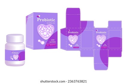 Diseño de embalaje, Etiqueta en contenedor de suministros con plantilla de caja probiótica y caja de maquillaje, vector de ilustración.	