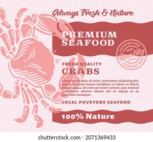 Packaging Design or Label Premium Seafood with Hand Drawn Crabs in doodle vintage style