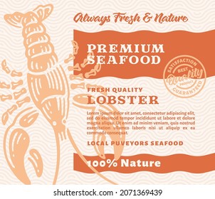 Packaging Design or Label Premium Seafood with Hand Drawn Lobster in doodle vintage style