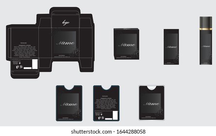 Diseño de embalajes, caja de perfumes de lujo, plancha de perfume de bolsillo y diseño de vídeo y maqueta. Vector de ilustración.