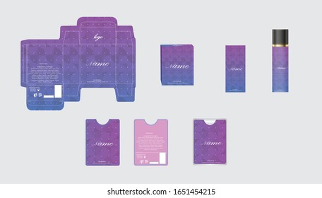 Diseño de embalajes, caja de perfumes de lujo, plancha de perfume de bolsillo y diseño de vídeo y maqueta. Vector de ilustración.