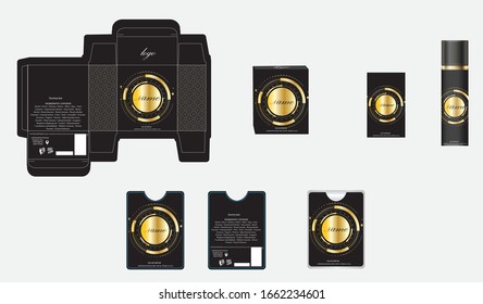 Diseño de embalajes, caja de perfumes de lujo, plancha de perfume de bolsillo y diseño de vídeo y maqueta. Vector de ilustración.