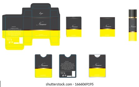 Diseño de embalajes, caja de perfumes de lujo, plancha de perfume de bolsillo y diseño de vídeo y maqueta. Vector de ilustración.