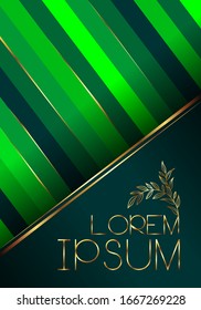 Diseño de embalajes, diseño de la caja de perfumes de lujo y caja de cartón. Vector de ilustración, portada, banner, verde con fondo de rayas de oro.