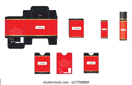 Diseño de embalajes, caja de perfumes de lujo, plancha de perfume de bolsillo y diseño seo y caja de maquetas. Vector de ilustración.