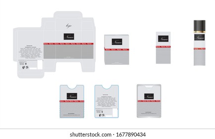 Diseño de embalajes, caja de perfumes de lujo, plancha de perfume de bolsillo y diseño seo y caja de maquetas. Vector de ilustración.