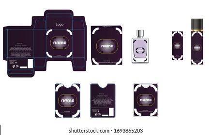 Diseño de embalajes, caja de perfumes de lujo, plancha de perfume de bolsillo y diseño de vídeo y maqueta. Vector de ilustración.