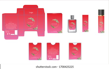 Diseño de embalajes, caja de perfumes de lujo, plancha de perfume de bolsillo y diseño de vídeo y maqueta. Vector de ilustración.