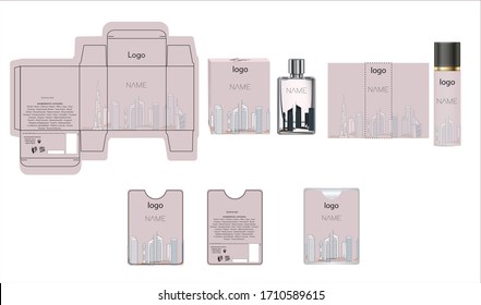 Diseño de embalajes, caja de perfumes de lujo, plancha de perfume de bolsillo y diseño seo y caja de maquetas. Vector de ilustración.