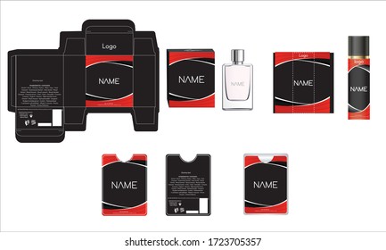 Diseño de embalajes, caja de perfumes de lujo, plancha de perfume de bolsillo y diseño seo y caja de maquetas. Vector de ilustración.