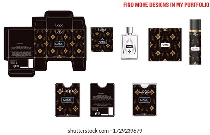 Diseño de empaque, caja de perfumes de lujo, plancha de diseño de perfume de bolsillo y seo y caja de maquetas. Vector de ilustración.