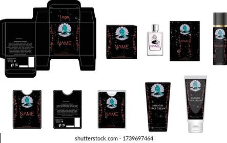 Verpackung Design, luxuriöse Parfümbox, Taschenparfüm, Deko-Design und Gesicht Creme Vorlage und mock up Box. Illustrationsvektor