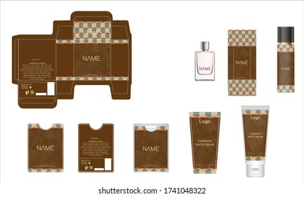Packaging design, luxury perfume box, pocket perfume, deo design and face cream template and mock up box. Illustration vector.