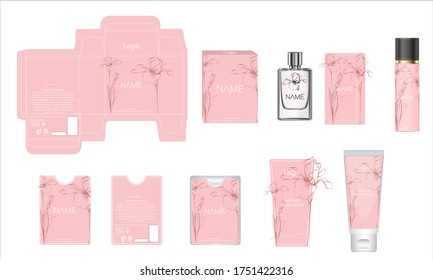 Diseño de empaque, caja de perfumes de lujo, perfume de bolsillo, diseño de vídeo y plancha de crema facial y caja de maquetas. Vector de ilustración.
