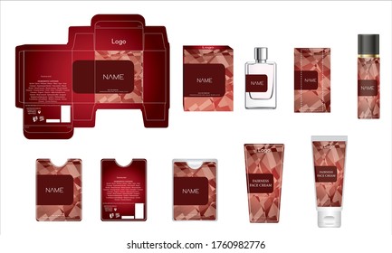 Diseño de empaque, caja de perfumes de lujo, perfume de bolsillo, diseño de vídeo y plancha de crema facial y caja de maquetas. Vector de ilustración.