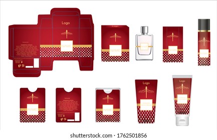 Packaging design, luxury perfume box, pocket perfume, deo design and face cream template and mock up box. Illustration vector.