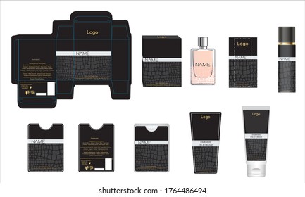 Packaging design, luxury perfume box, pocket perfume, deo design and face cream template and mock up box. Illustration vector.