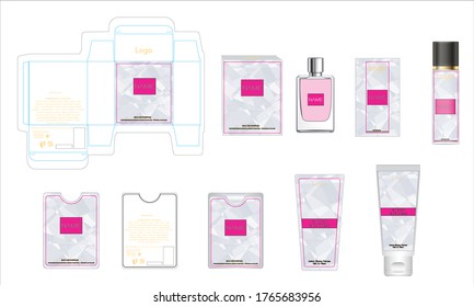 Verpackungsdesign, luxuriöse Parfüm-Box, Taschenparfüm, Deko-Design und Gesichtscreme-Vorlage und Modell-Box. Illustrationsvektor.