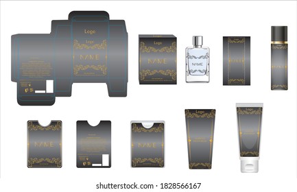 Packaging design, luxury perfume box, pocket perfume, deo design and face cream template and mock up box. Illustration vector.