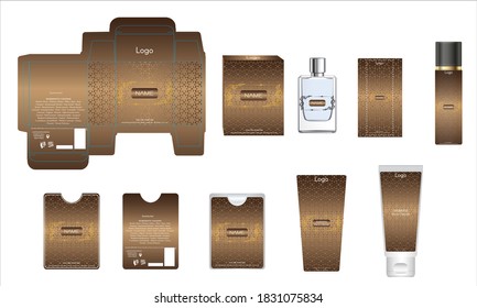 Packaging design, luxury perfume box, pocket perfume, deo design and face cream template and mock up box. Illustration vector.