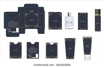 Packaging design, luxury perfume box, pocket perfume, deo design and face cream template and mock up box. Illustration vector.