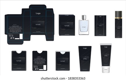 Diseño de empaque, caja de perfumes de lujo, perfume de bolsillo, diseño de vídeo y plancha de crema facial y caja de maquetas. Vector de ilustración.