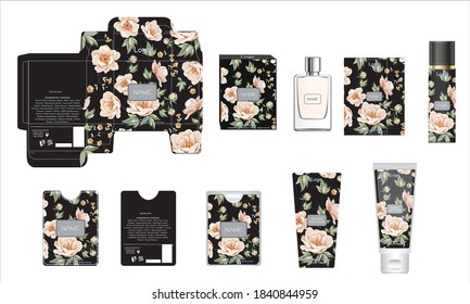 Packaging design, luxury perfume box, pocket perfume, deo design and face cream template and mock up box. Illustration vector.