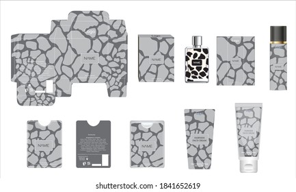 Diseño de empaque, caja de perfumes de lujo, perfume de bolsillo, diseño de vídeo y plancha de crema facial y caja de maquetas. Vector de ilustración.