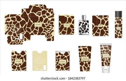 Diseño de empaque, caja de perfumes de lujo, perfume de bolsillo, diseño de vídeo y plancha de crema facial y caja de maquetas. Vector de ilustración.