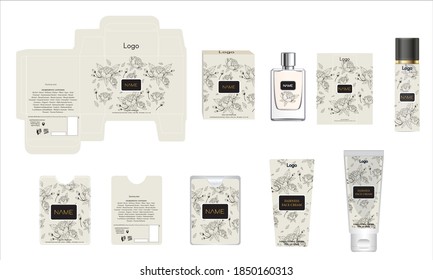 Packaging design, luxury perfume box, pocket perfume, deo design and face cream template and mock up box. Illustration vector.