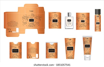 Packaging design, luxury perfume box, pocket perfume, deo design and face cream template and mock up box. Illustration vector.