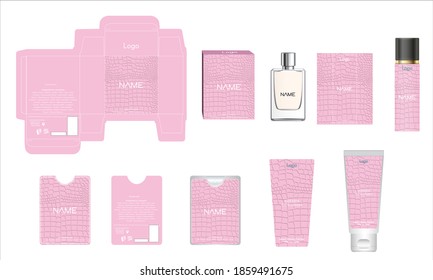 Diseño de empaque, caja de perfumes de lujo, perfume de bolsillo, diseño de vídeo y plancha de crema facial y caja de maquetas. Vector de ilustración.