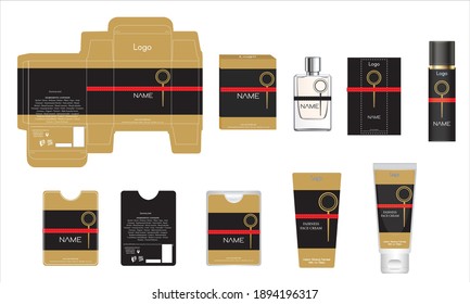 Diseño de empaque, caja de perfumes de lujo, perfume de bolsillo, diseño de vídeo y plancha de crema facial y caja de maquetas. Vector de ilustración.