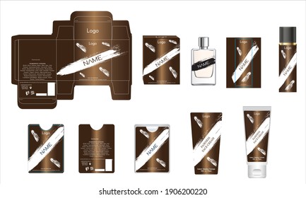 Diseño de empaque, caja de perfumes de lujo, perfume de bolsillo, diseño de vídeo y plancha de crema facial y caja de maquetas. Vector de ilustración.